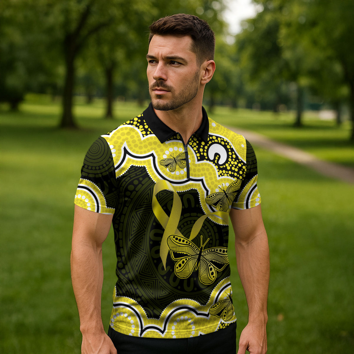 Yellow Ribbon Sarcoma Support Zipper Polo Shirt Aboriginal Art
