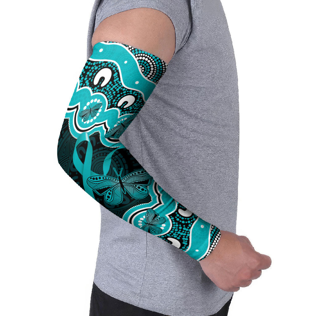 Cyan Ribbon PTSD Support Arm Sleeves Aboriginal Art