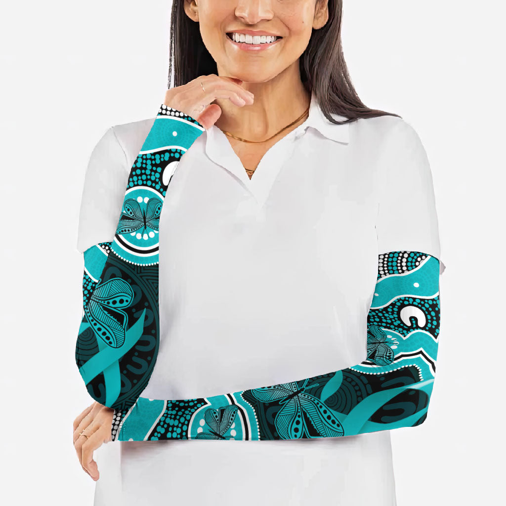 Cyan Ribbon PTSD Support Arm Sleeves Aboriginal Art