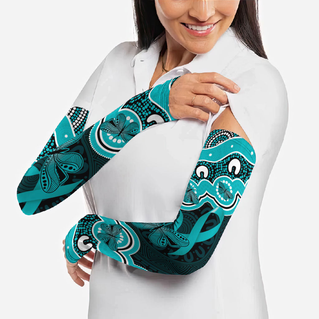Cyan Ribbon PTSD Support Arm Sleeves Aboriginal Art