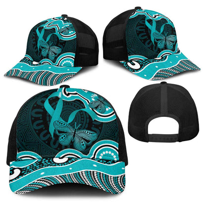 Cyan Ribbon PTSD Support Baseball Net Cap Aboriginal Art