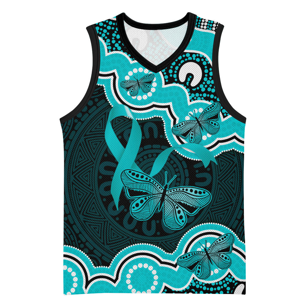 Cyan Ribbon PTSD Support Basketball Jersey Aboriginal Art