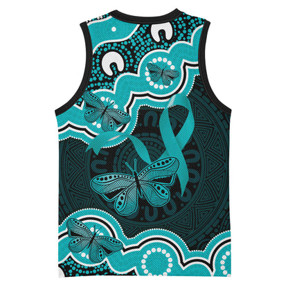 Cyan Ribbon PTSD Support Basketball Jersey Aboriginal Art