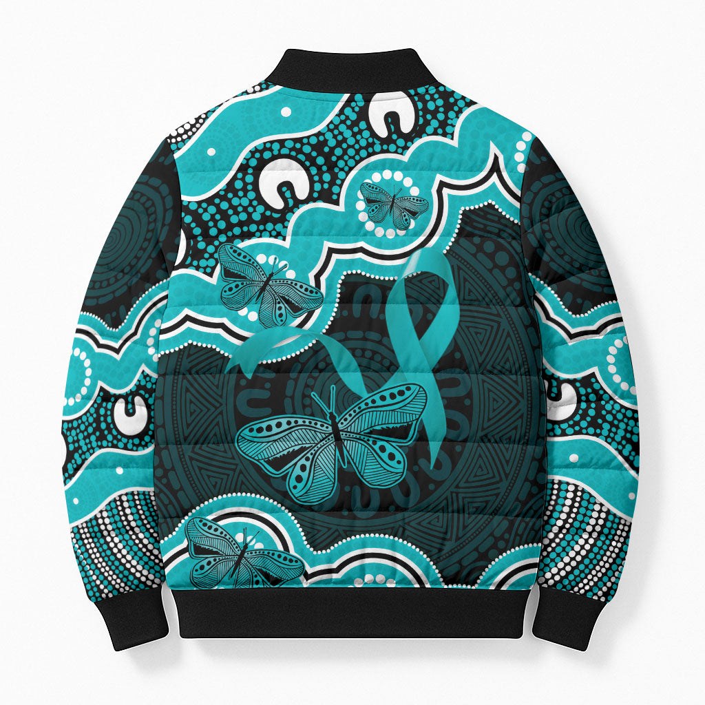 Cyan Ribbon PTSD Support Bomber Puffer Jacket Aboriginal Art