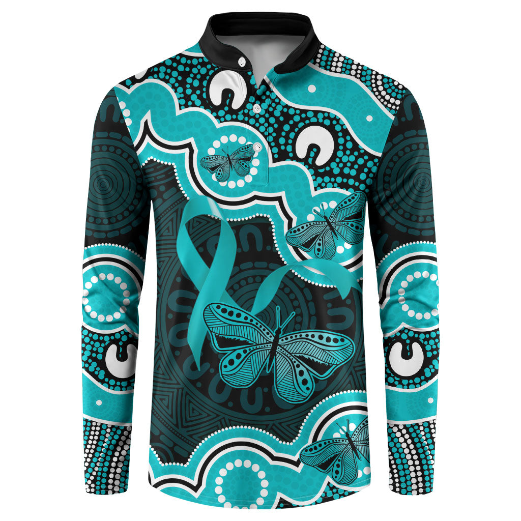 Cyan Ribbon PTSD Support Button Sweatshirt Aboriginal Art