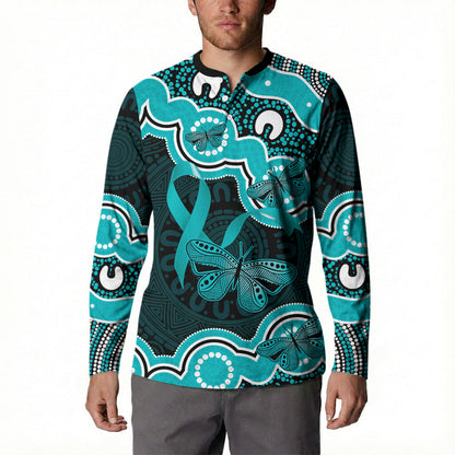 Cyan Ribbon PTSD Support Button Sweatshirt Aboriginal Art
