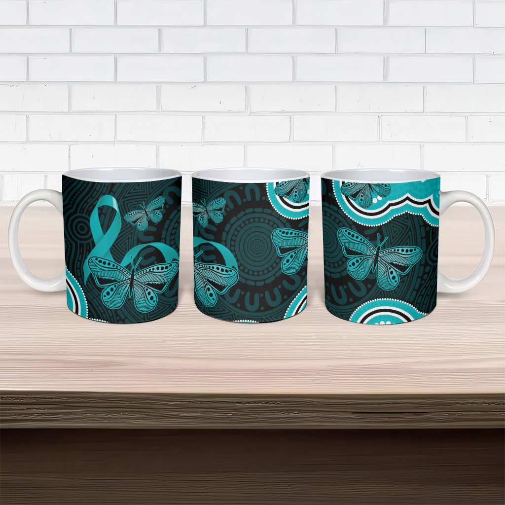 Cyan Ribbon PTSD Support Ceramic Mug Aboriginal Art