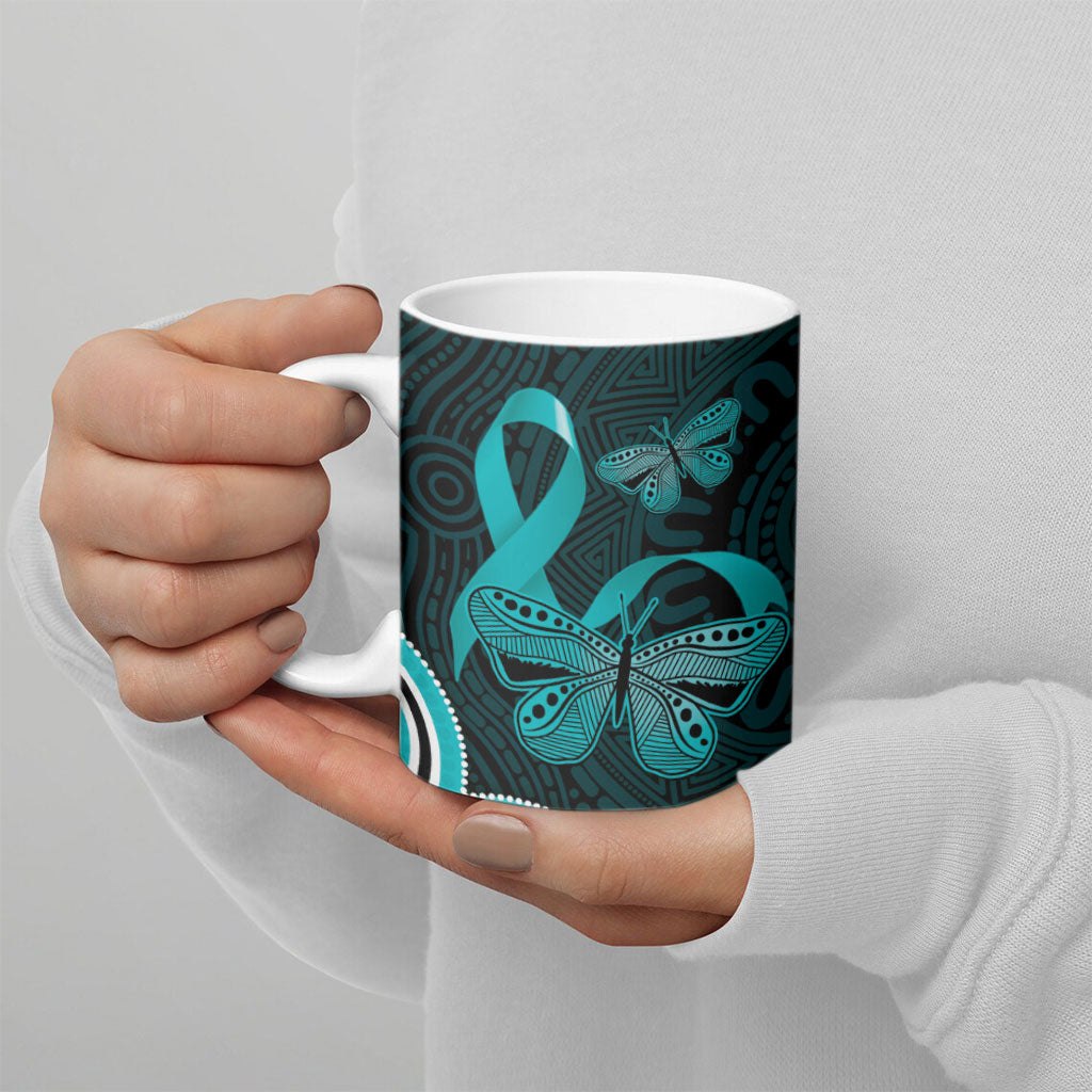 Cyan Ribbon PTSD Support Ceramic Mug Aboriginal Art