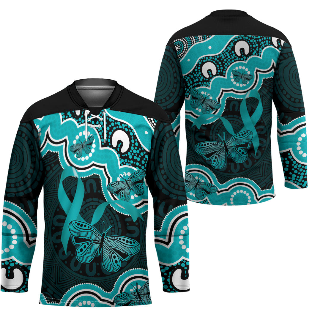 Cyan Ribbon PTSD Support Hockey Jersey Aboriginal Art