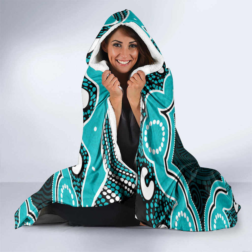 Cyan Ribbon PTSD Support Hooded Blanket Aboriginal Art