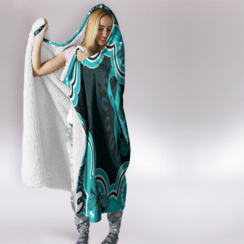 Cyan Ribbon PTSD Support Hooded Blanket Aboriginal Art