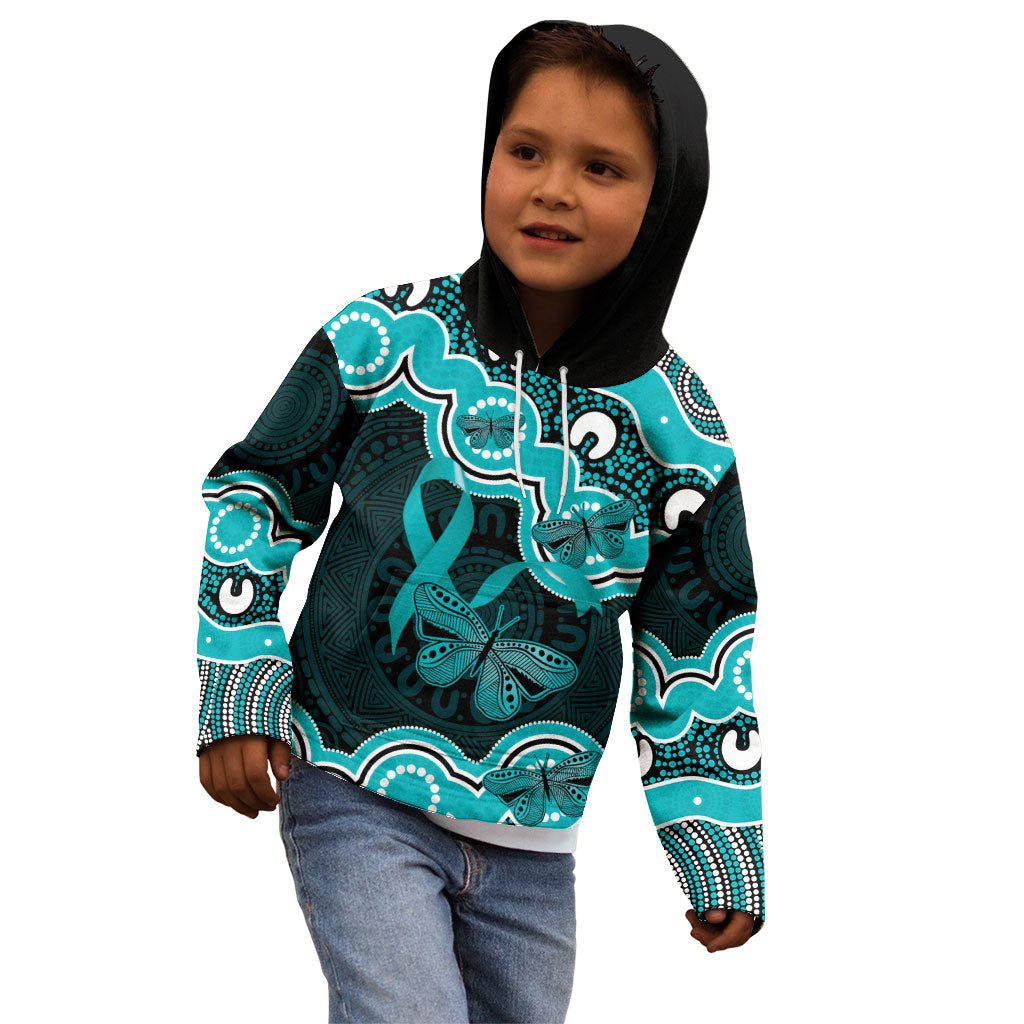 Cyan Ribbon PTSD Support Kid Hoodie Aboriginal Art