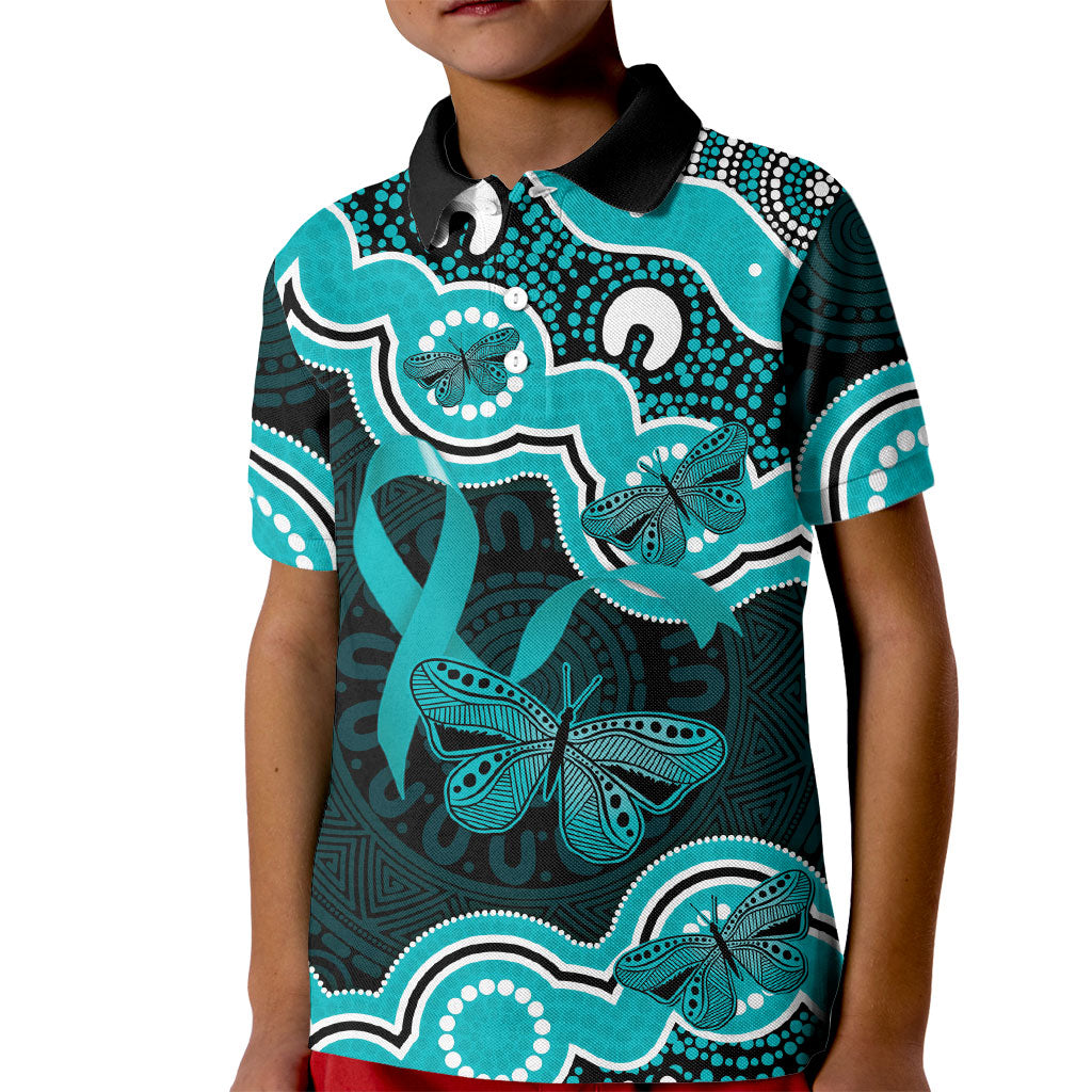 Cyan Ribbon PTSD Support Kid Polo Shirt Aboriginal Art