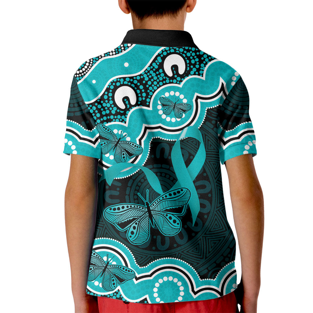 Cyan Ribbon PTSD Support Kid Polo Shirt Aboriginal Art