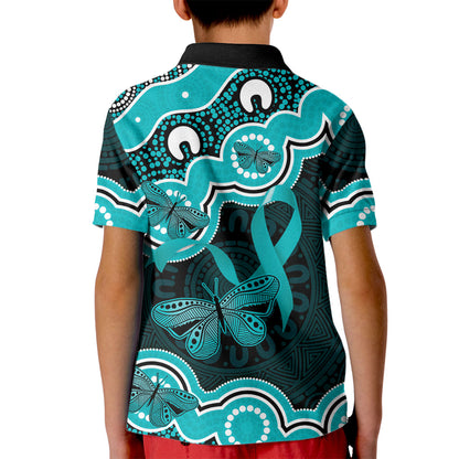 Cyan Ribbon PTSD Support Kid Polo Shirt Aboriginal Art