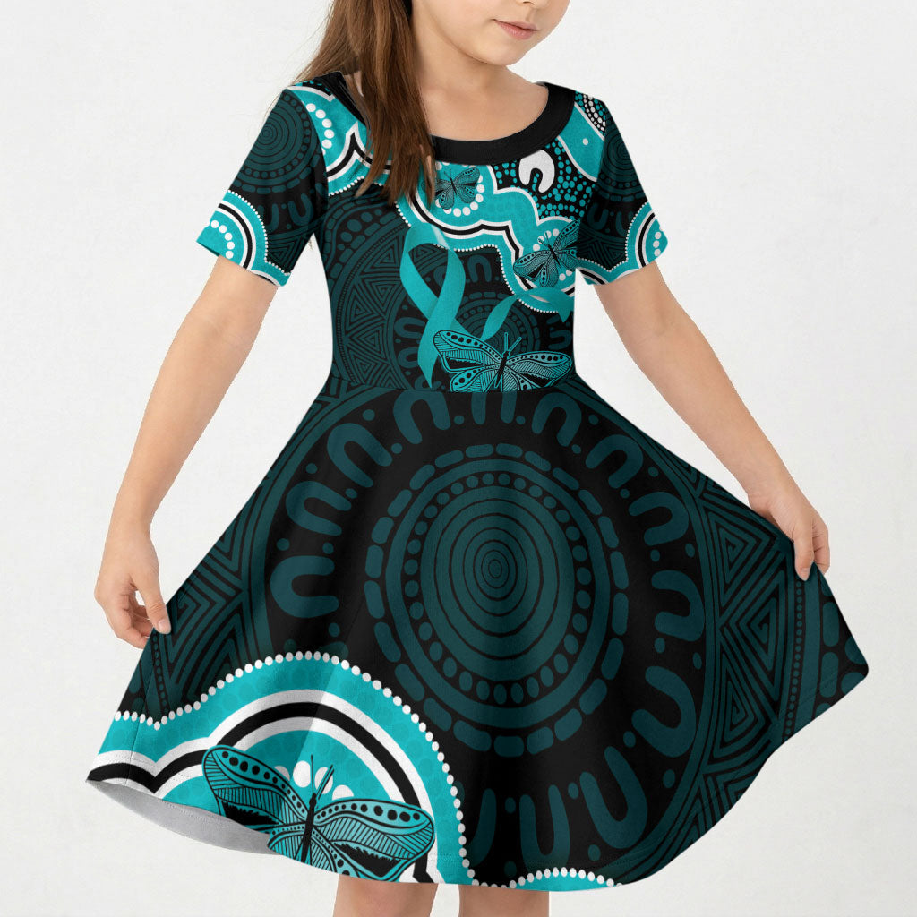 Cyan Ribbon PTSD Support Kid Short Sleeve Dress Aboriginal Art