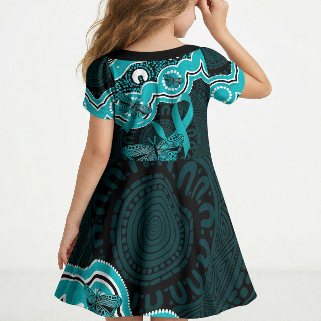 Cyan Ribbon PTSD Support Kid Short Sleeve Dress Aboriginal Art