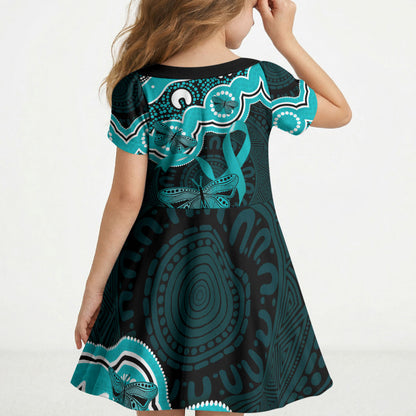 Cyan Ribbon PTSD Support Kid Short Sleeve Dress Aboriginal Art