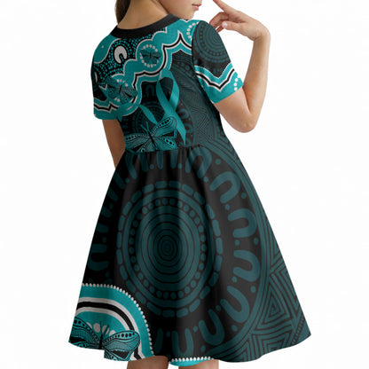 Cyan Ribbon PTSD Support Kid Short Sleeve Dress Aboriginal Art