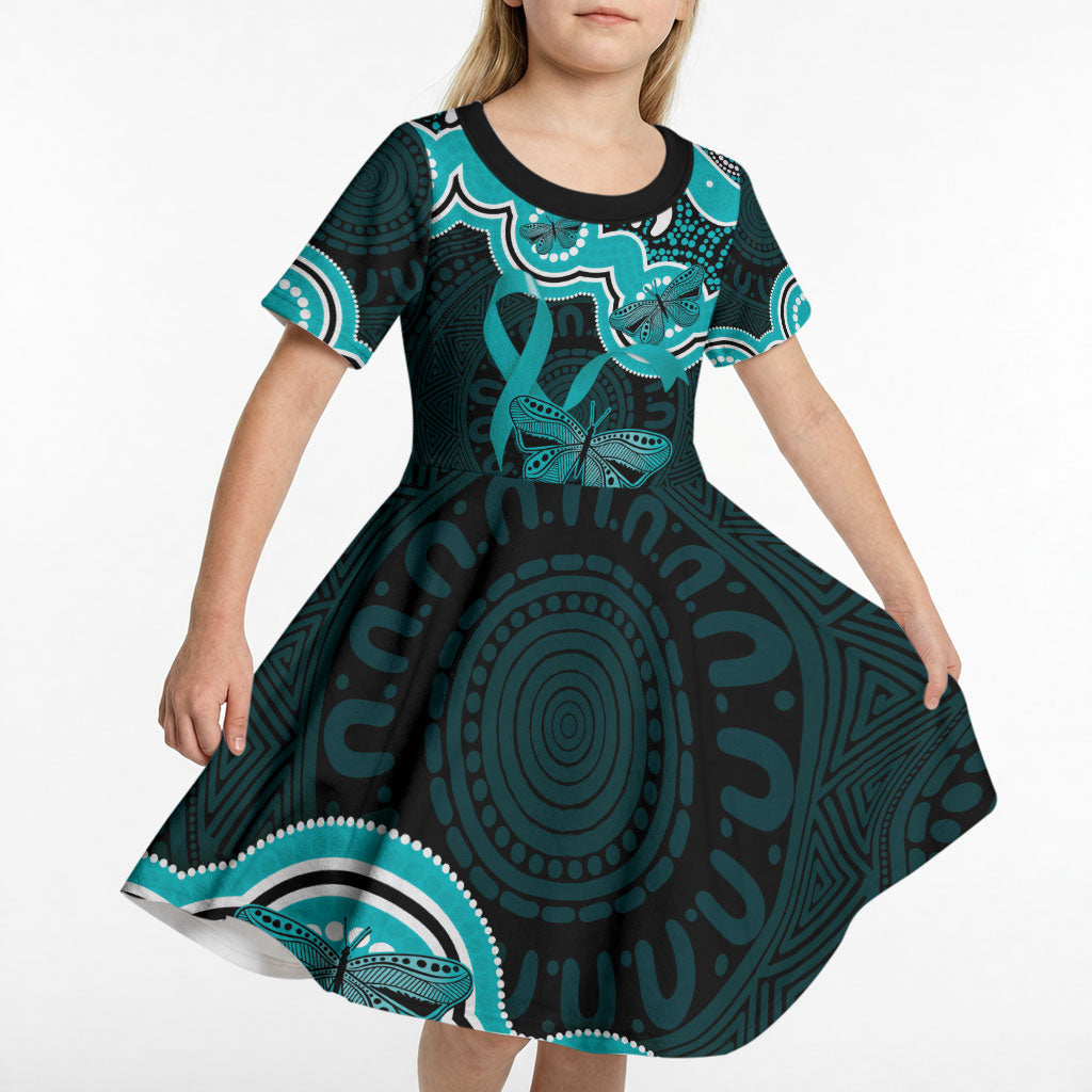 Cyan Ribbon PTSD Support Kid Short Sleeve Dress Aboriginal Art