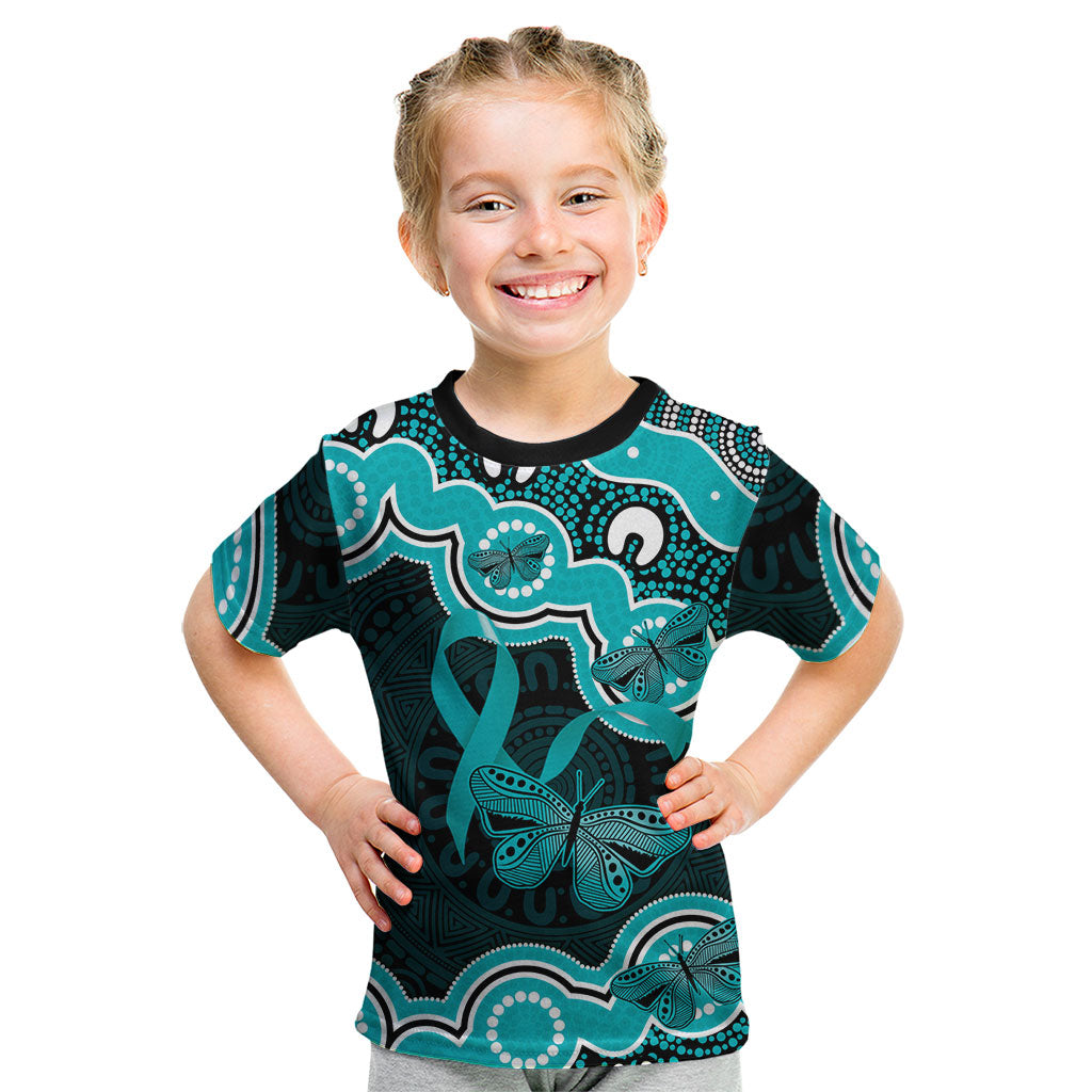 Cyan Ribbon PTSD Support Kid T Shirt Aboriginal Art