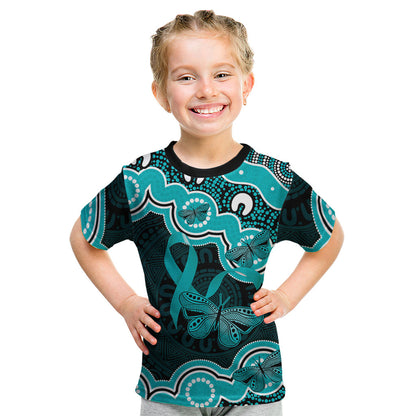 Cyan Ribbon PTSD Support Kid T Shirt Aboriginal Art