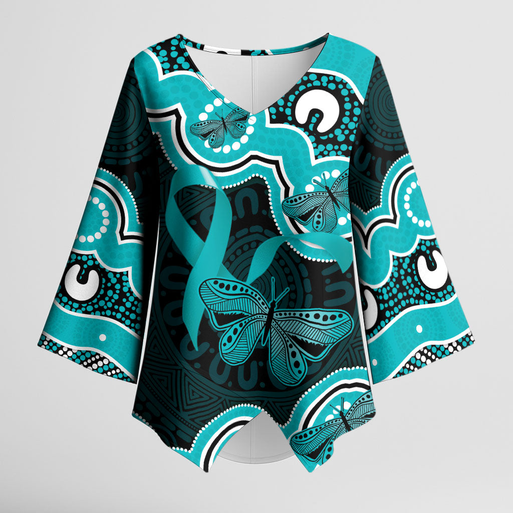 Cyan Ribbon PTSD Support Kimono Sleeve Blouse Aboriginal Art