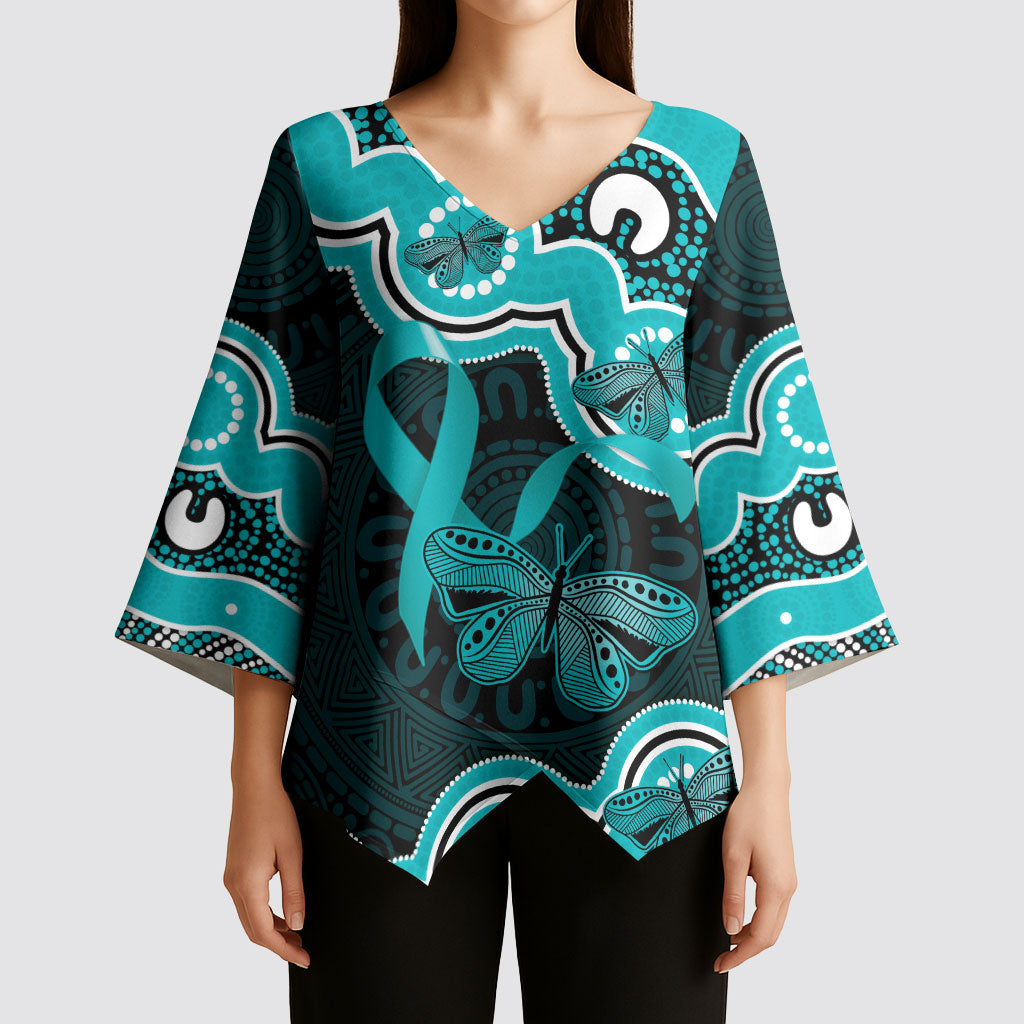 Cyan Ribbon PTSD Support Kimono Sleeve Blouse Aboriginal Art