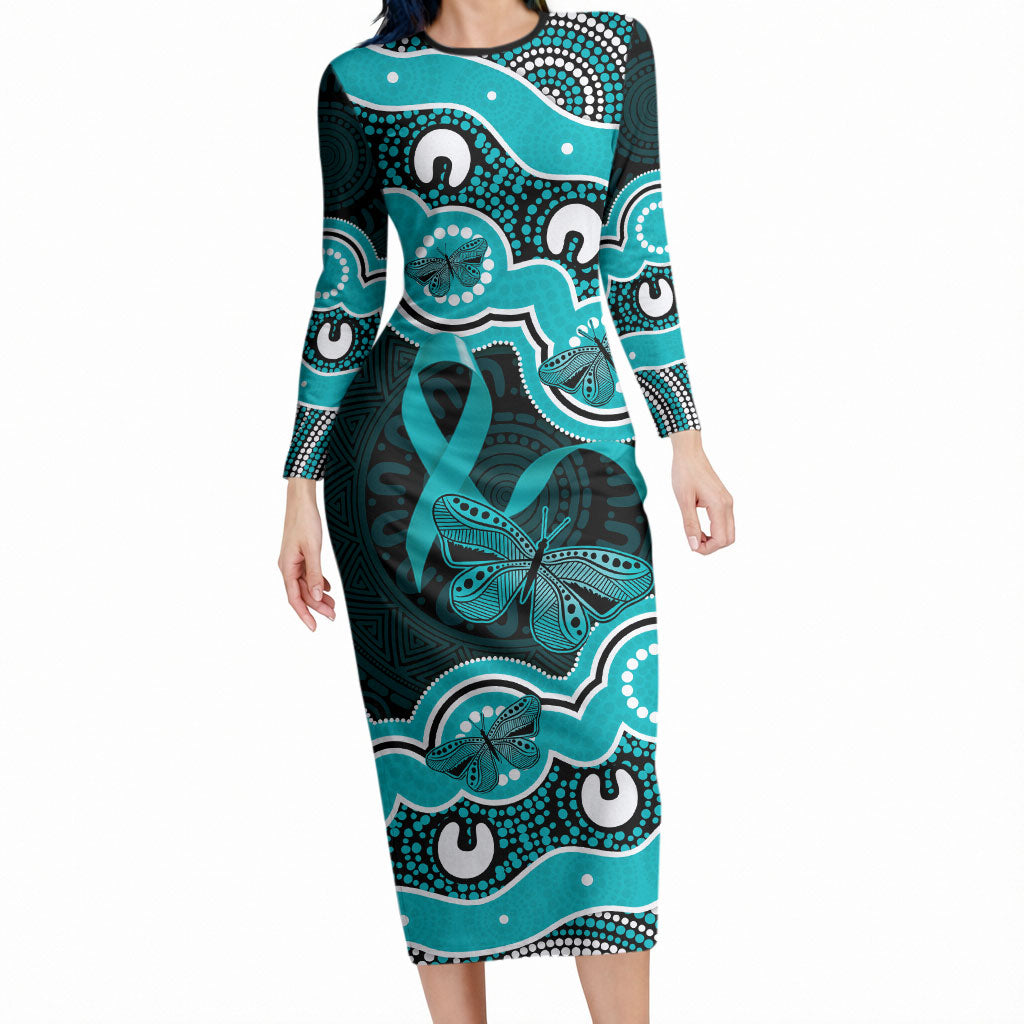 Cyan Ribbon PTSD Support Long Sleeve Bodycon Dress Aboriginal Art
