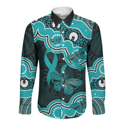 Cyan Ribbon PTSD Support Long Sleeve Button Shirt Aboriginal Art