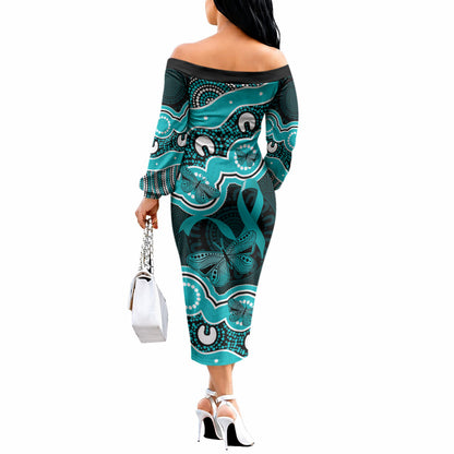 Cyan Ribbon PTSD Support Off The Shoulder Long Sleeve Dress Aboriginal Art