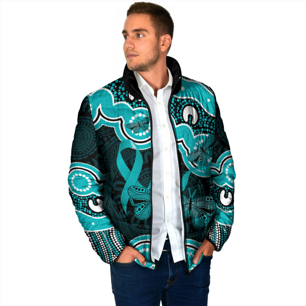 Cyan Ribbon PTSD Support Padded Jacket Aboriginal Art