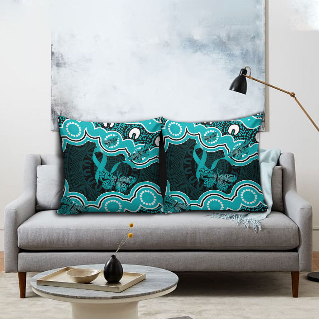 Cyan Ribbon PTSD Support Pillow Cover Aboriginal Art