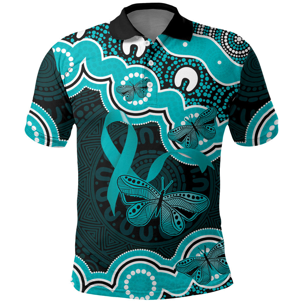 Cyan Ribbon PTSD Support Polo Shirt Aboriginal Art
