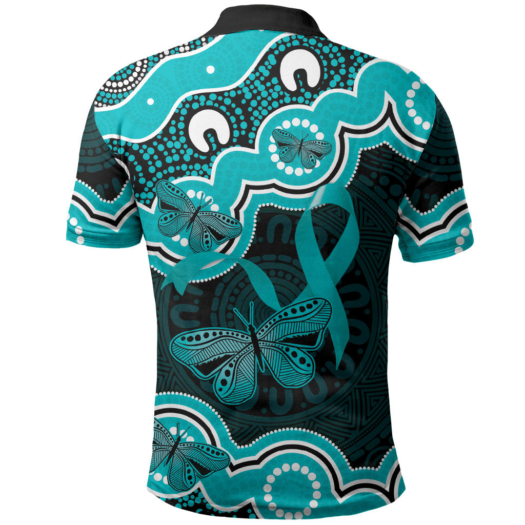 Cyan Ribbon PTSD Support Polo Shirt Aboriginal Art