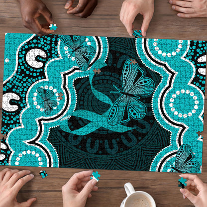 Cyan Ribbon PTSD Support Puzzle Aboriginal Art