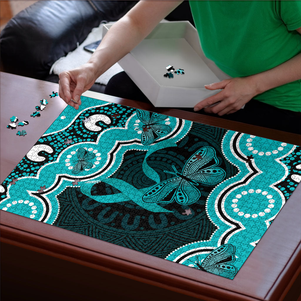 Cyan Ribbon PTSD Support Puzzle Aboriginal Art
