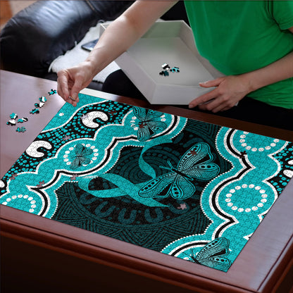 Cyan Ribbon PTSD Support Puzzle Aboriginal Art