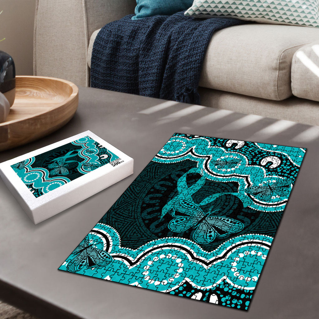 Cyan Ribbon PTSD Support Puzzle Aboriginal Art