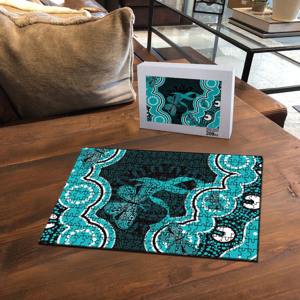 Cyan Ribbon PTSD Support Puzzle Aboriginal Art