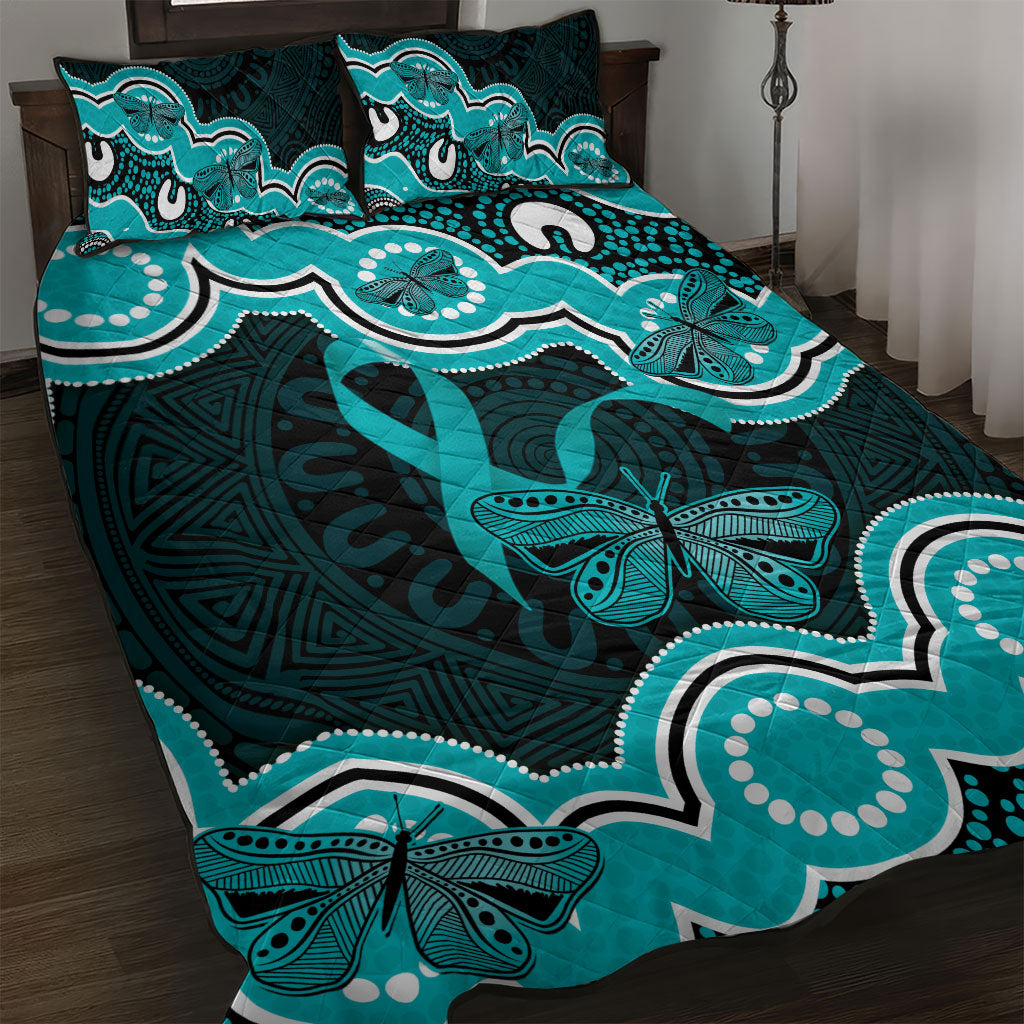Cyan Ribbon PTSD Support Quilt Bed Set Aboriginal Art