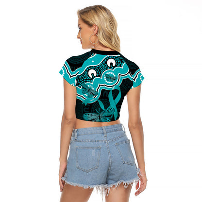 Cyan Ribbon PTSD Support Raglan Cropped T Shirt Aboriginal Art