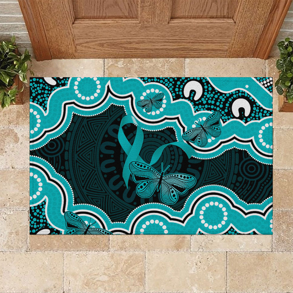 Cyan Ribbon PTSD Support Rubber Doormat Aboriginal Art