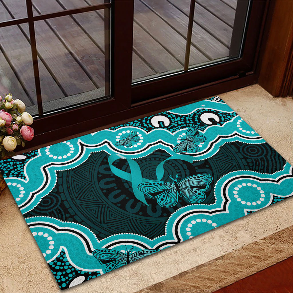 Cyan Ribbon PTSD Support Rubber Doormat Aboriginal Art