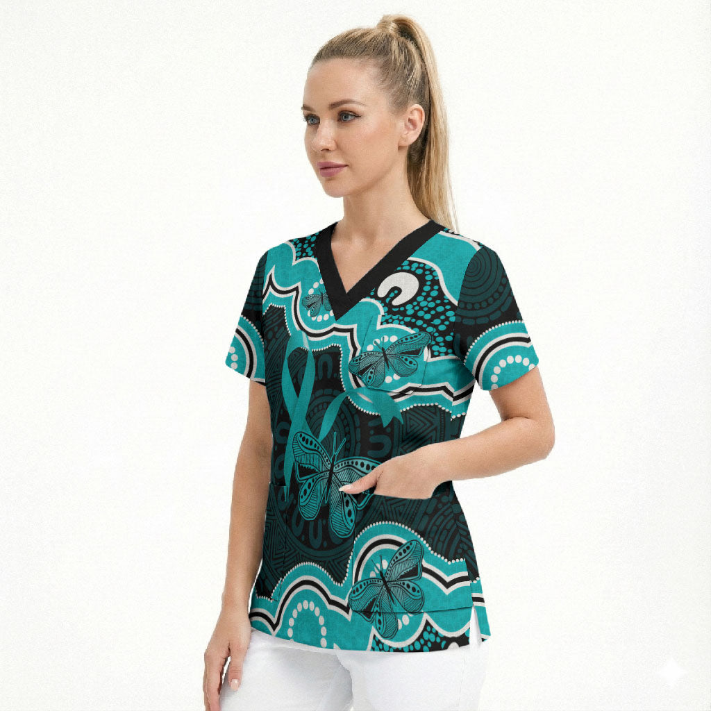 Cyan Ribbon PTSD Support Scrub Top Aboriginal Art