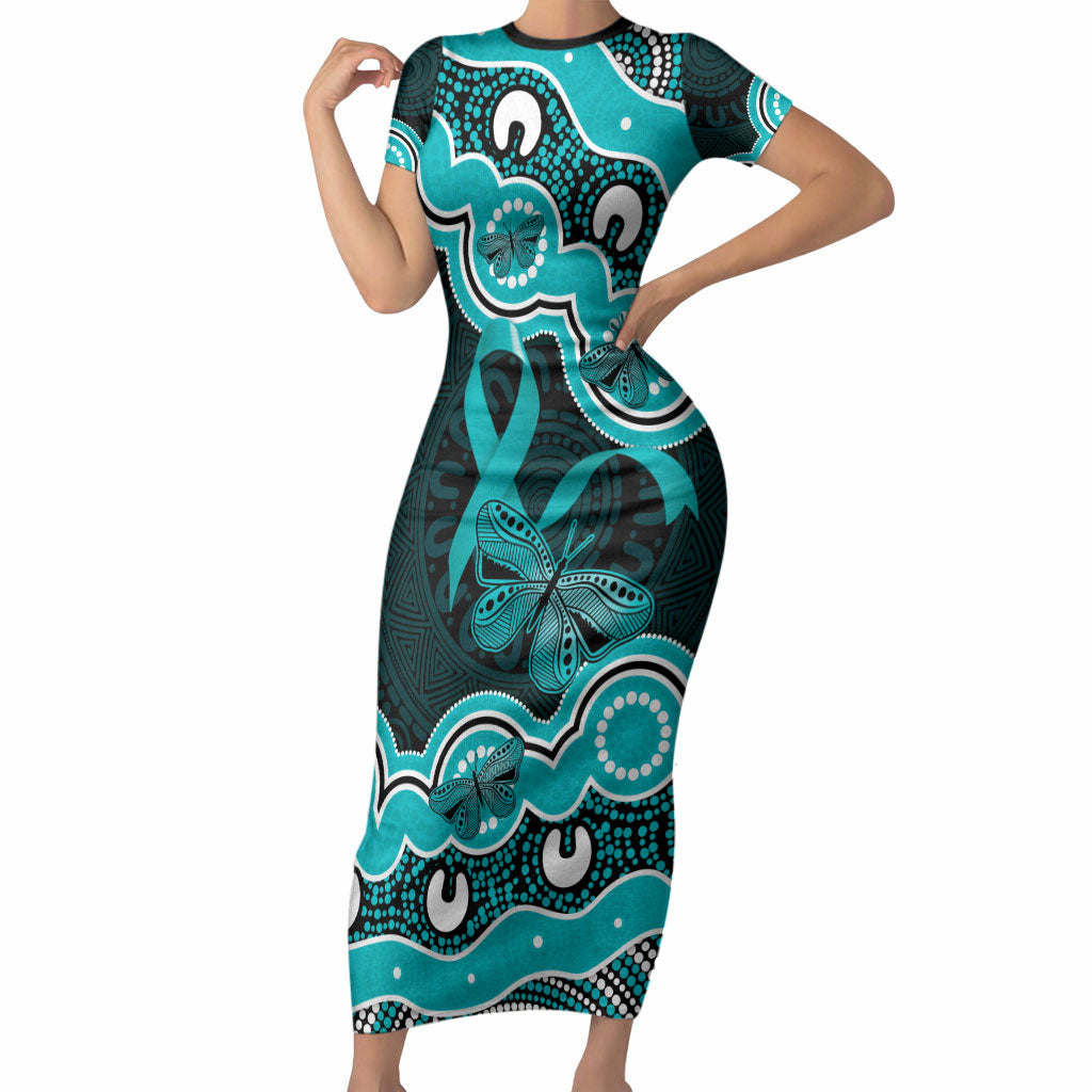 Cyan Ribbon PTSD Support Short Sleeve Bodycon Dress Aboriginal Art