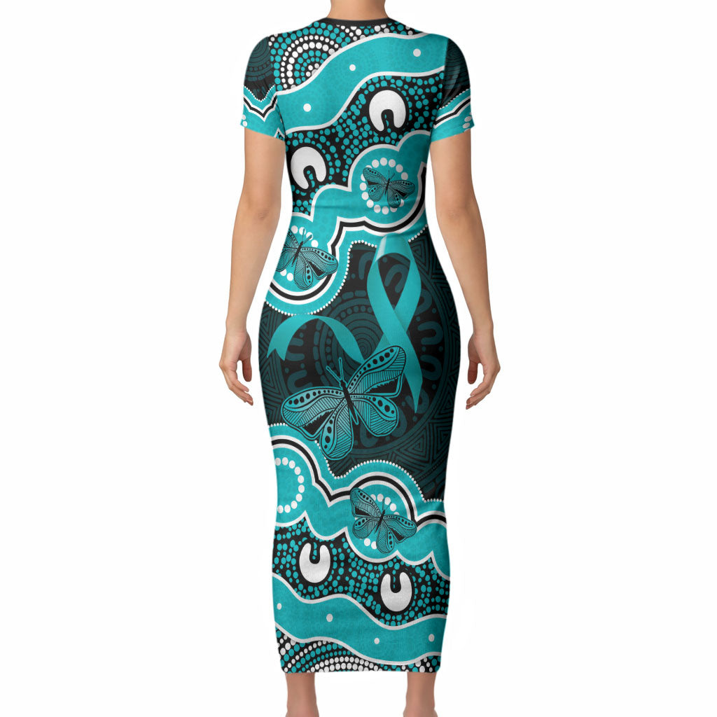 Cyan Ribbon PTSD Support Short Sleeve Bodycon Dress Aboriginal Art