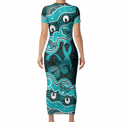 Cyan Ribbon PTSD Support Short Sleeve Bodycon Dress Aboriginal Art