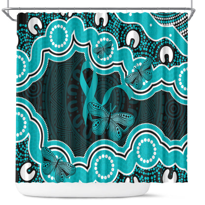Cyan Ribbon PTSD Support Shower Curtain Aboriginal Art