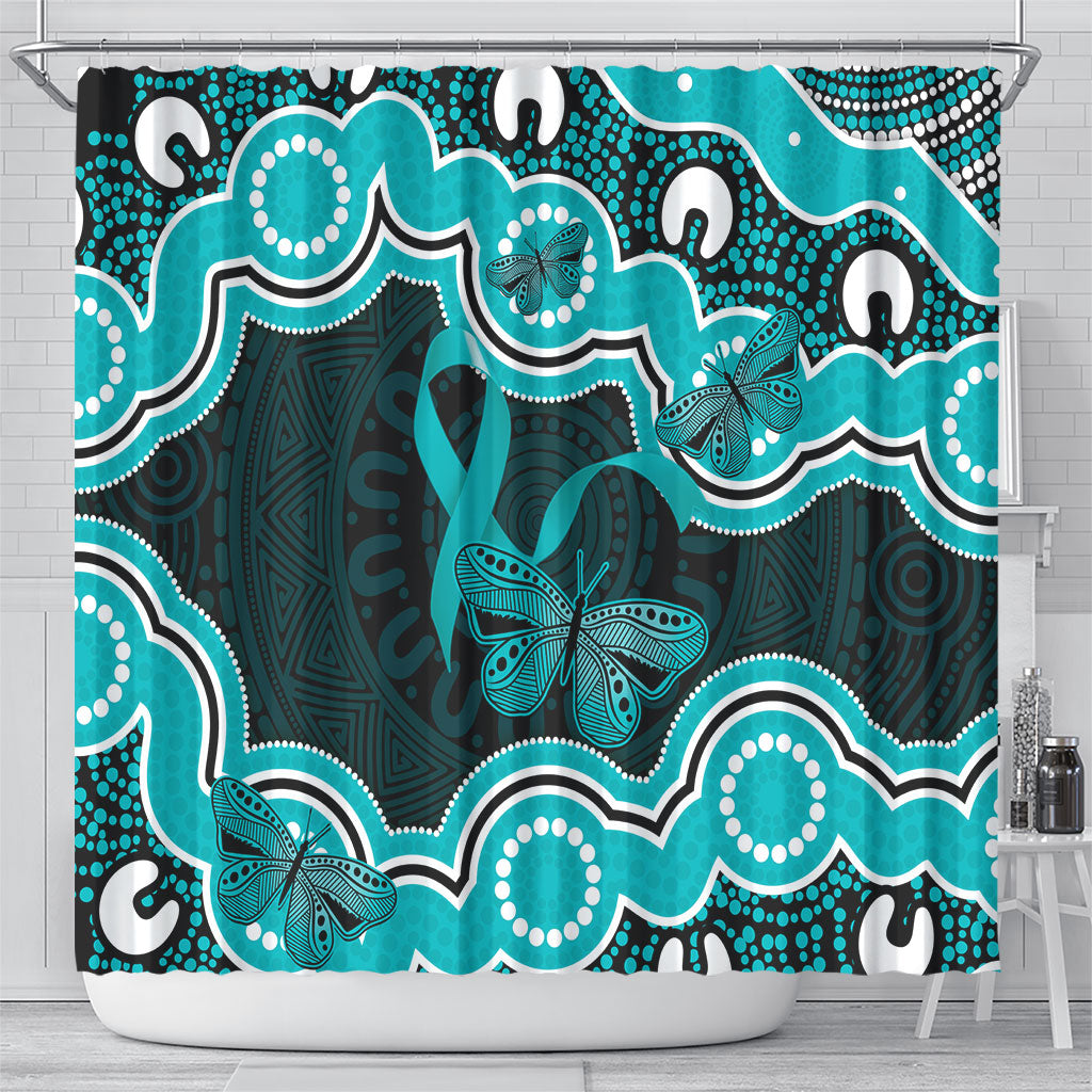 Cyan Ribbon PTSD Support Shower Curtain Aboriginal Art